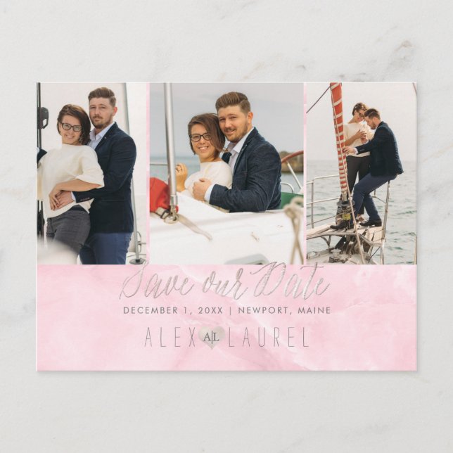 PixDezines Marble+Blush Pink Save the Date Postcard (Front)