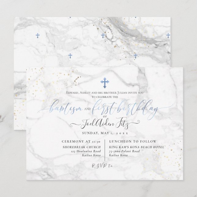 PixDezines Marble Cross Baptism 1st Birthday Invitation (Front/Back)