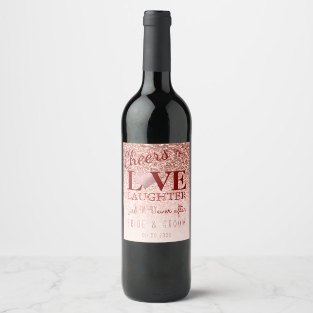 PixDezines Marble+Faux Glitter+Rose Gold Heart Wine Label (Front)