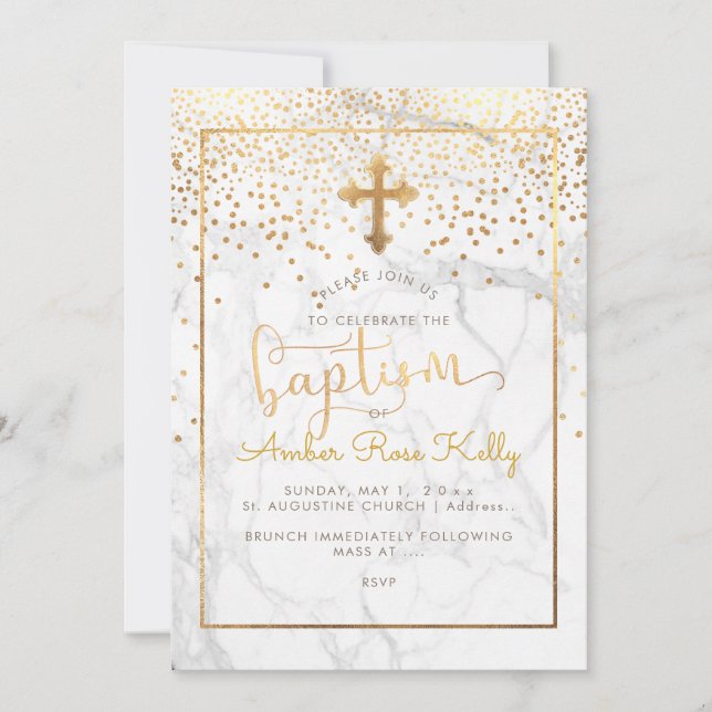 PixDezines Marble+Faux Gold Confetti/Baptism Invitation (Front)