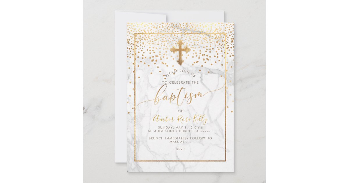 PixDezines Marble+Faux Gold Confetti/Baptism Invitation | Zazzle