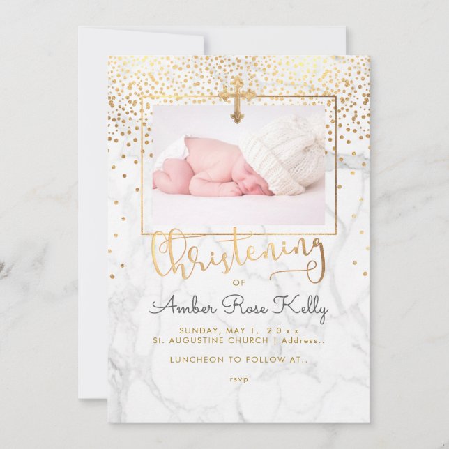 PixDezines Marble+Faux Gold Confetti Christening Invitation (Front)