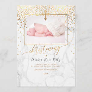 PixDezines Marble+Faux Gold Confetti Christening Invitation