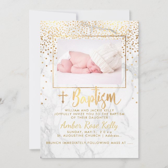 PixDezines Marble+Faux Gold Dots/Baptism Invitation (Front)