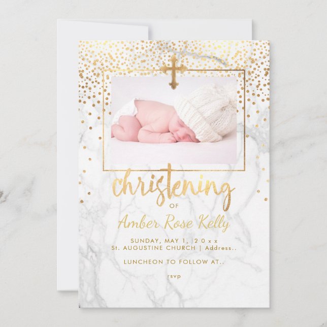 PixDezines Marble+Faux Gold Dots/Christening Invitation (Front)