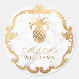PixDezines Marble+Faux Gold Pineapple Classic Round Sticker