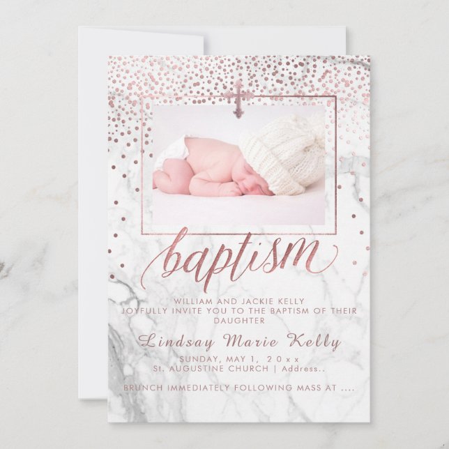 PixDezines Marble+Faux Rose Gold Confetti Baptism Invitation (Front)