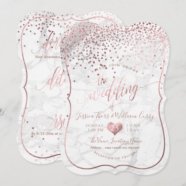 PixDezines Marble+Faux Rose Gold Confetti Wedding Invitation (Front/Back)