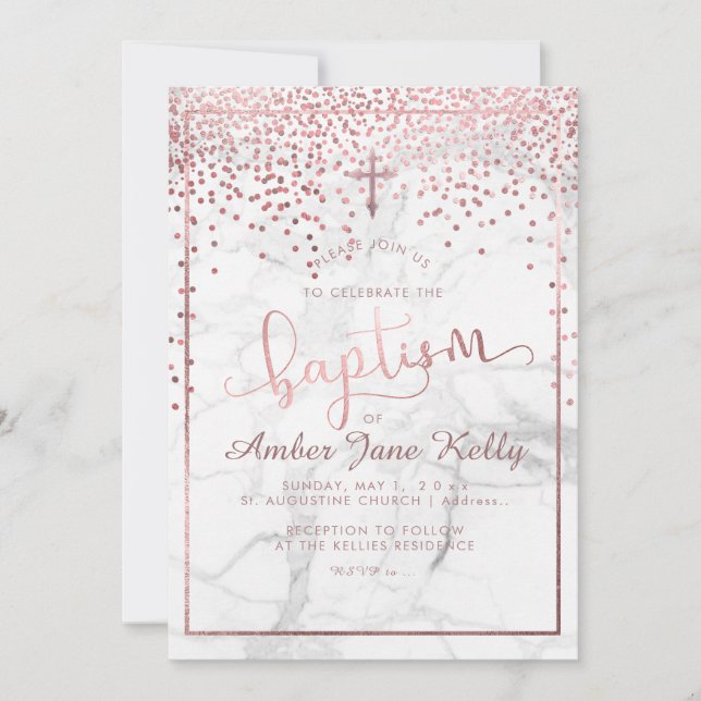 PixDezines Marble+Faux Rose Gold Dots/Baptism Invitation (Front)