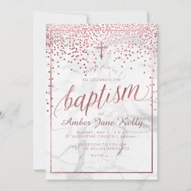 PixDezines Marble+Faux Rose Gold Dots/Baptism Invitation (Front)