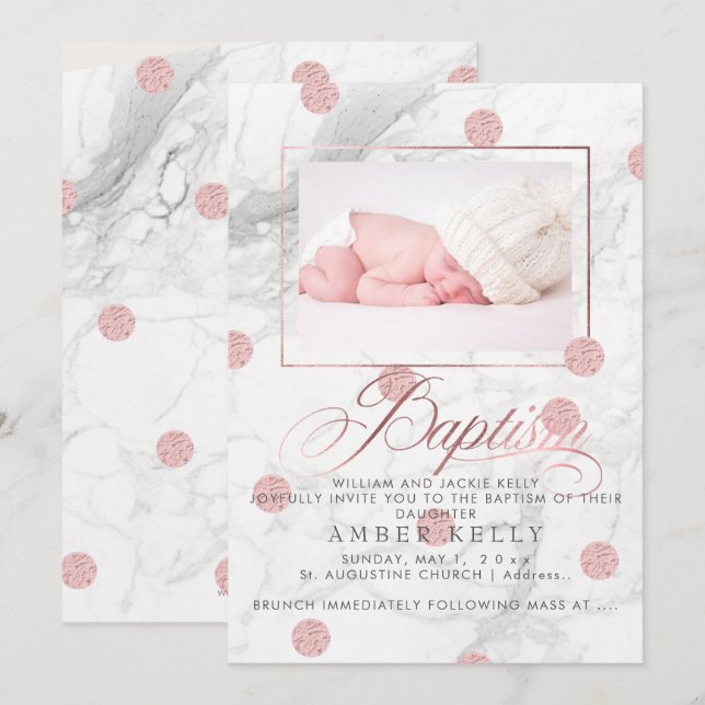 PixDezines Marble+Faux Rose Gold Dots/Baptism Invitation (Front/Back)