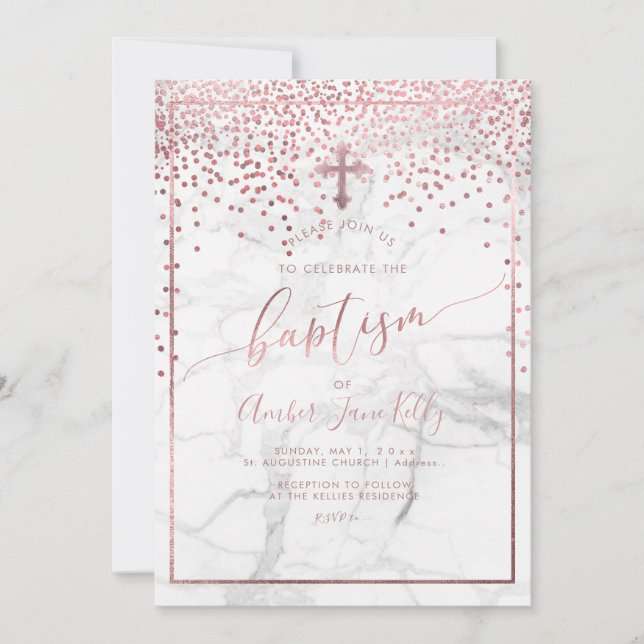 PixDezines Marble+Faux Rose Gold Dots/Baptism Invitation (Front)