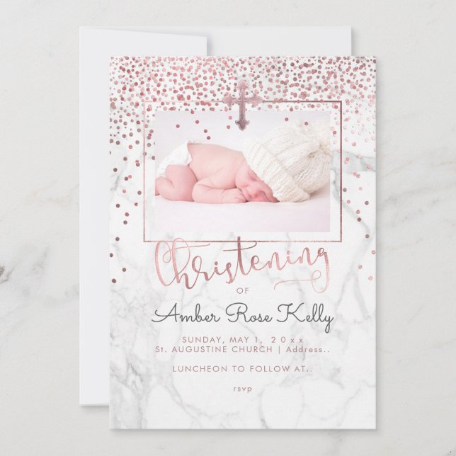 PixDezines Marble+Faux Rose Gold Dots Christening Invitation (Front)