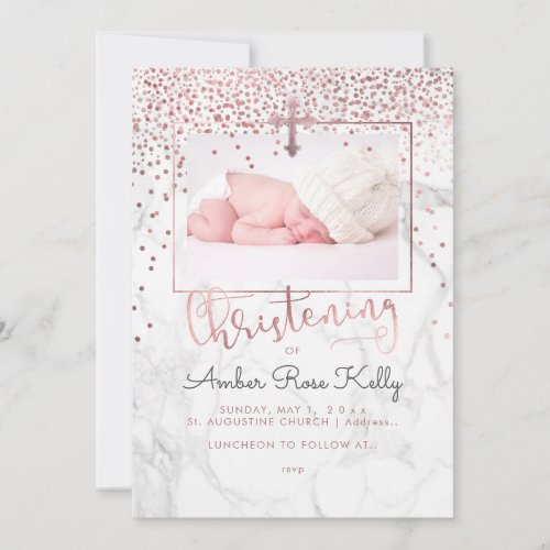 PixDezines MarbleFaux Rose Gold Dots Christening Invitation