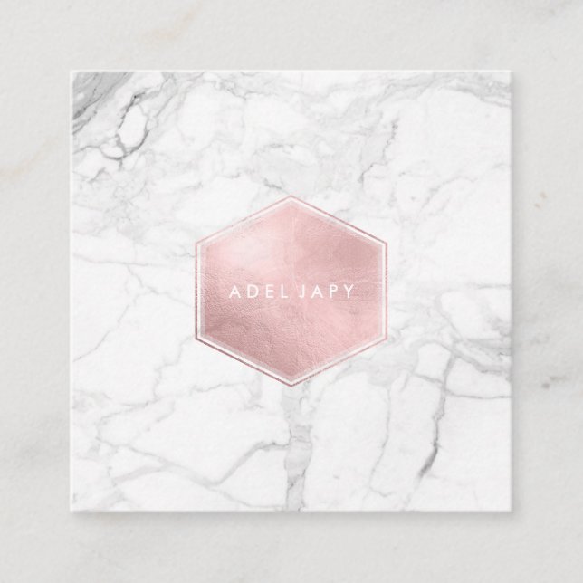 PixDezines Marble+Faux Rose Gold Foil Square Business Card (Front)