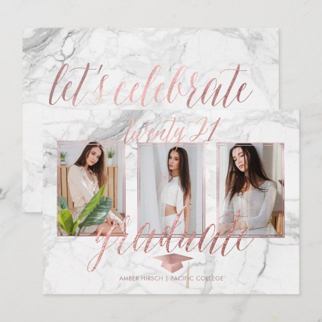 PixDezines Marble Faux Rose Gold Graduation Invitation (Front/Back)