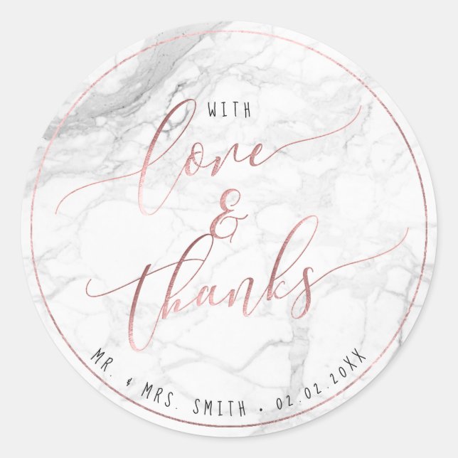 PixDezines MARBLE+FAUX ROSE GOLD, LOVE+THANKS Classic Round Sticker (Front)