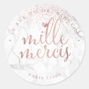 PixDezines Marble Faux Rose Gold Mille Mercis Classic Round Sticker