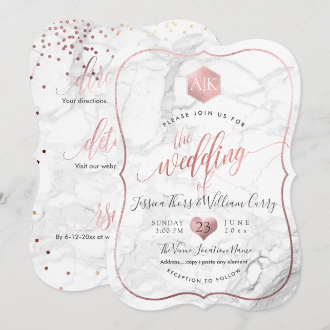 PixDezines Marble+Monogram+Faux RoseGold Honeycomb Invitation (Front/Back)