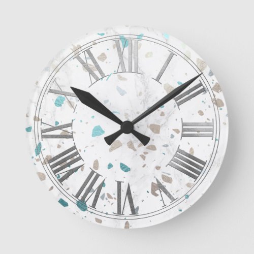 PixDezines Marble Terrazzo Aqua Blue Silver Round Clock