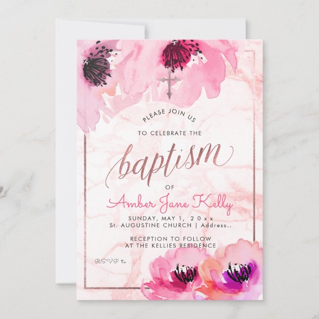 PixDezines Marble+Watercolor Flowers/Baptism Invitation (Front)