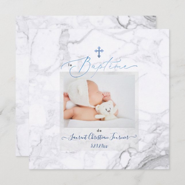 PixDezines Marbre Blanc, Baptême Bleu garçon Invitation (Front/Back)