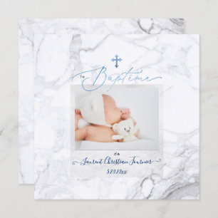PixDezines Marbre Blanc, Baptême Bleu garçon Invitation