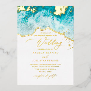 PixDezines Marine Waves Shoreline Beach Wedding Foil Invitation