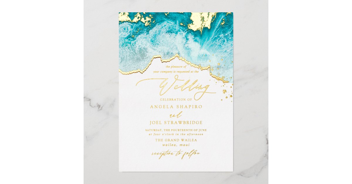 PixDezines Marine Waves Shoreline Beach Wedding Foil Invitation | Zazzle