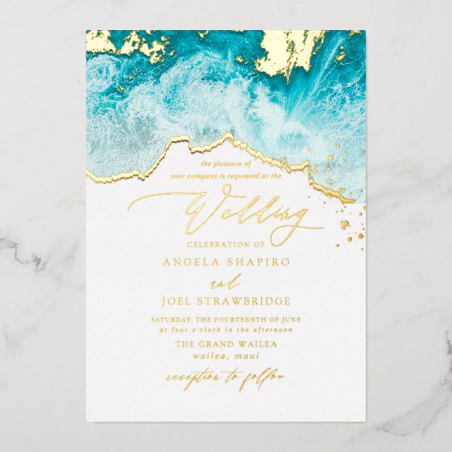 PixDezines Marine Waves Shoreline Beach Wedding Foil Invitation (Front)