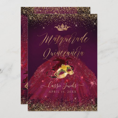 PixDezines Masquerade Quinceanera Burgundy Gold Invitation