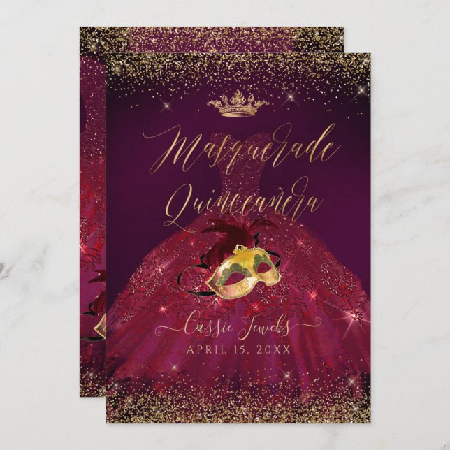 PixDezines Masquerade Quinceanera Burgundy Gold Invitation (Front/Back)