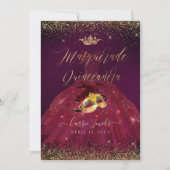 PixDezines Masquerade Quinceanera Burgundy Gold Invitation (Front)