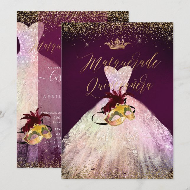 PixDezines Masquerade Quinceanera Cotton Candy Invitation (Front/Back)