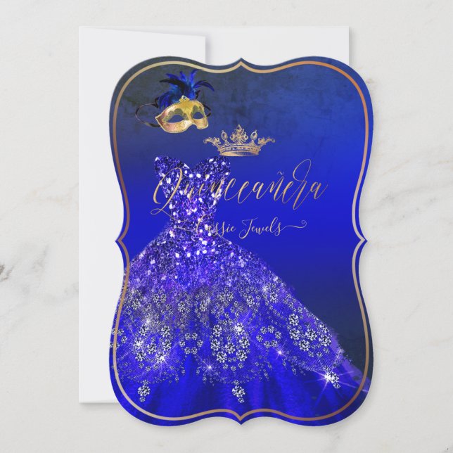 PixDezines Masquerade Quinceanera, Royal Blue Invitation (Front)