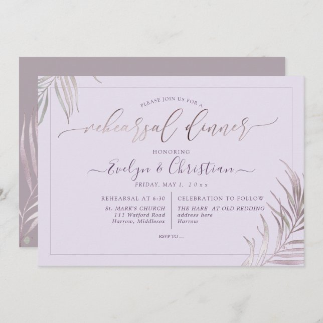 PixDezines Mauve Palms Rehearsal Dinner Invitation (Front/Back)