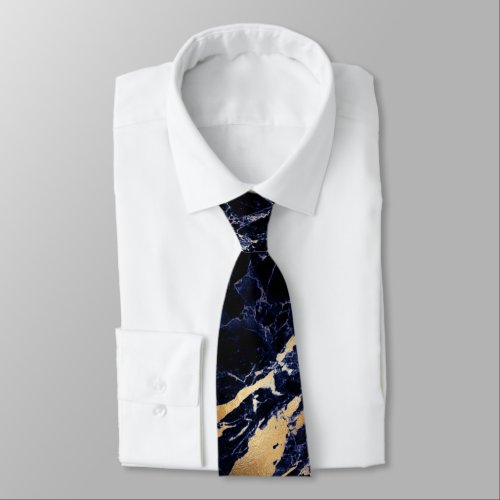 PixDezines Midnight Blue Marble SlabGold Veins Tie