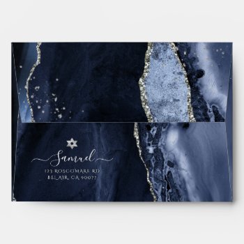 Pixdezines Midnight Blue Silver Watercolor Agate Envelope by custom_mitzvah at Zazzle