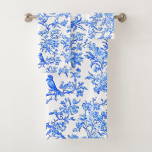 PixDezines Ming Blue Chinoiserie, Bird Peonoies Bath Towel Set