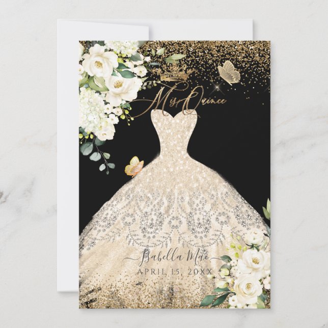 PixDezines Mis Quince Champagne Gold Glitter Gown Invitation (Front)