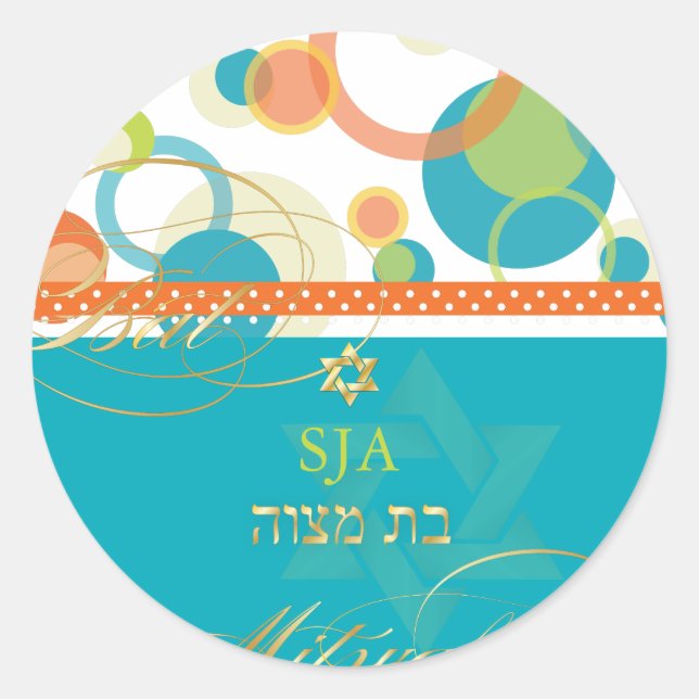 PixDezines Mod Bubbles, retro Bat Mitzvah/teal Classic Round Sticker (Front)