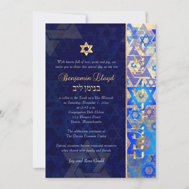 PixDezines mod stars Bar Mitzvah Dark Blue Gold In Invitation (Front)