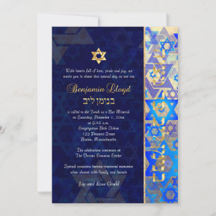 PixDezines mod stars Bar Mitzvah Dark Blue Gold In Invitation
