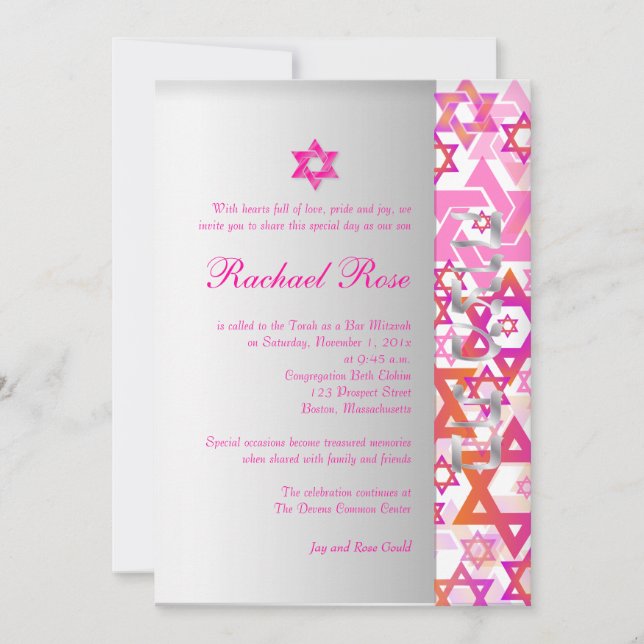 PixDezines mod stars/Bar Mitzvah/hot pink/silver Invitation (Front)