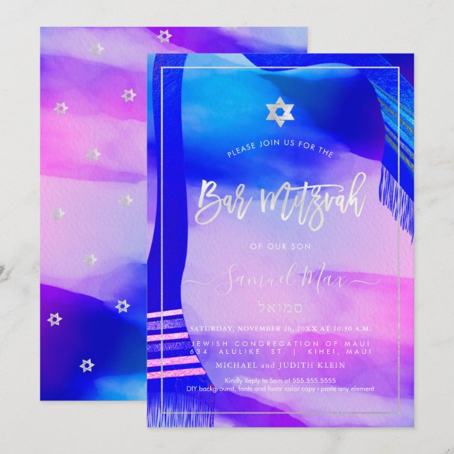 PixDezines Modern Abstract Watercolor Bar Mitzvah Invitation (Front/Back)