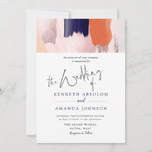 PixDezines Modern Art Red, Rose Gold Coral Navy Invitation