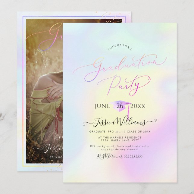 PixDezines Modern Holographic Graduation Invitation (Front/Back)