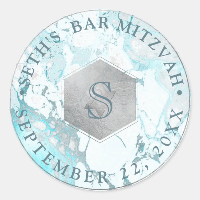 PixDezines Monogram Blue Marble Honeycomb Mitzvah Classic Round Sticker (Front)