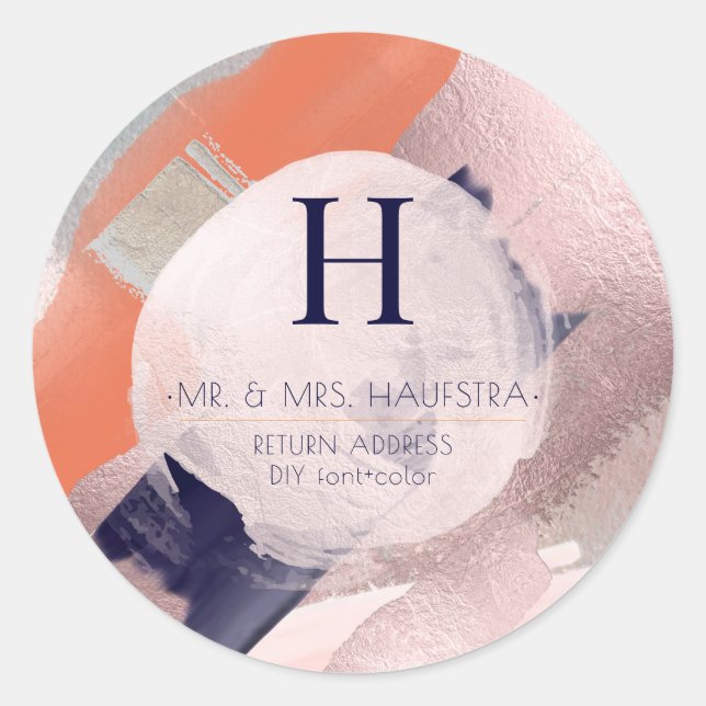 PixDezines Monogram, Blush+Navy Color Block Classic Round Sticker (Front)