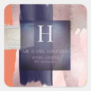 PixDezines Monogram, Blush+Navy+Silver Color Block Square Sticker